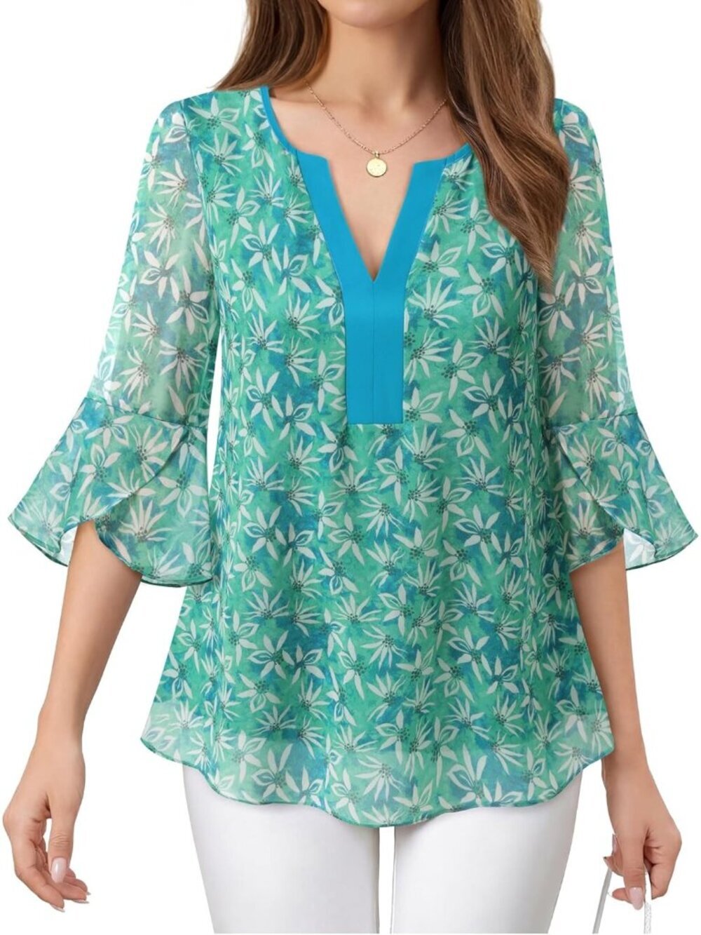 Women's Tops Blue Blouses 3/4 Sleeve Summer Floral Chiffon V-Neck Work Shirts